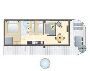 Plattegrond van de 4-persoons lodge 4BE1 in Gesves, Ardennen, Belgi, met gezellige binnenruimte en ruime veranda.