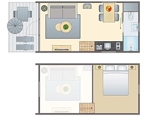 Floor plan of 2-person lodge 2B in Gesves, Ardennes. Cottage with terrace, living room and bedroom, ideal for a romantic stay.