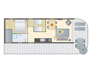 Plattegrond van 4-persoons lodge 4B2 in Gesves, Ardennen, Belgi met moderne indeling en comfortabele woonruimte.