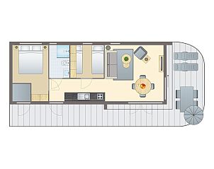 Plattegrond van 4-persoons lodge 4B1 in Gesves, Ardennen, Belgi, met comfortabele binnenruimte en terras voor een ontspannen vakantie.