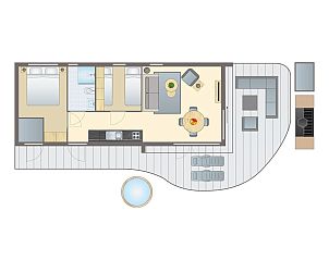 Plattegrond van de 4-persoons lodge 4BE3 in Gesves, Ardennen, Belgi, met een ruime woonkamer, terras en moderne voorzieningen.